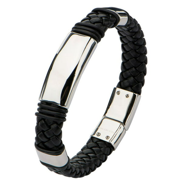 INOX Mens Black Leather with Shiny Stainless Steel Bracelet 8 1/2 inch Long 